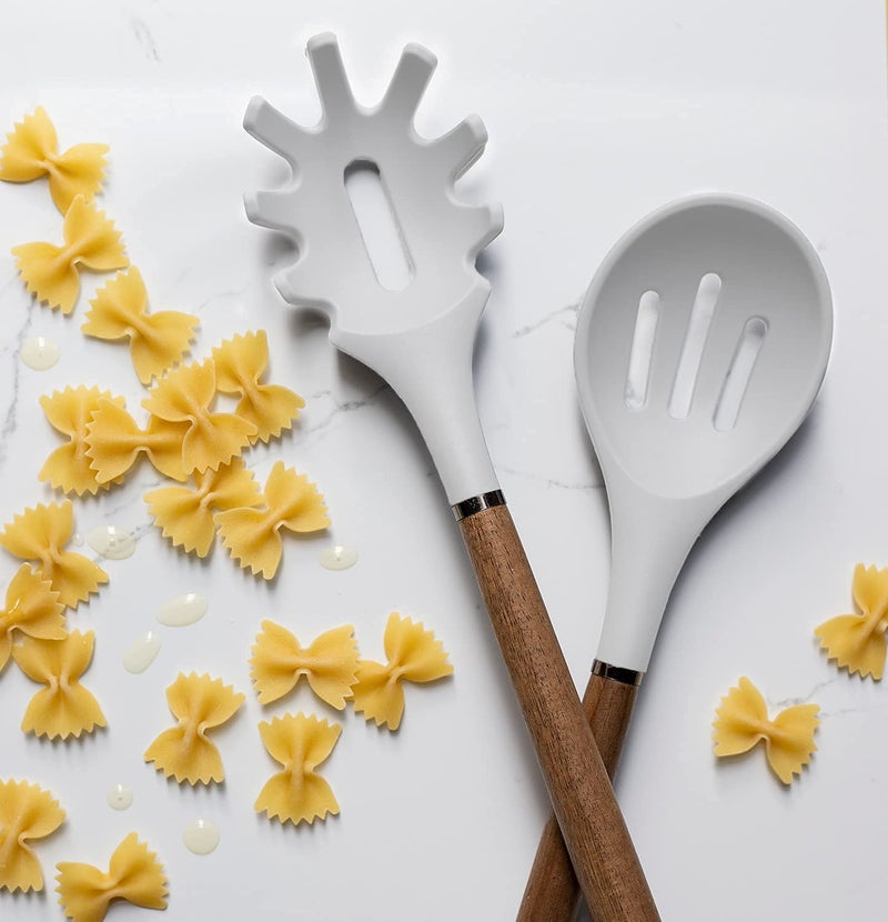 Country Kitchen Non Stick Silicone Utensil Set with Rounded Wood Handles for Cooking and Baking, 8 Piece Set, White - Image 4
